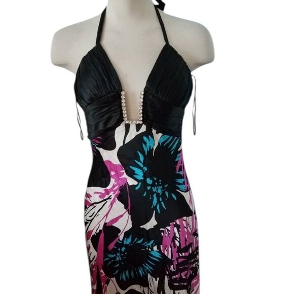 women’s CACHE colorful floral v neck halter fit & flare SILK maxi gown size 6 - Picture 5 of 8